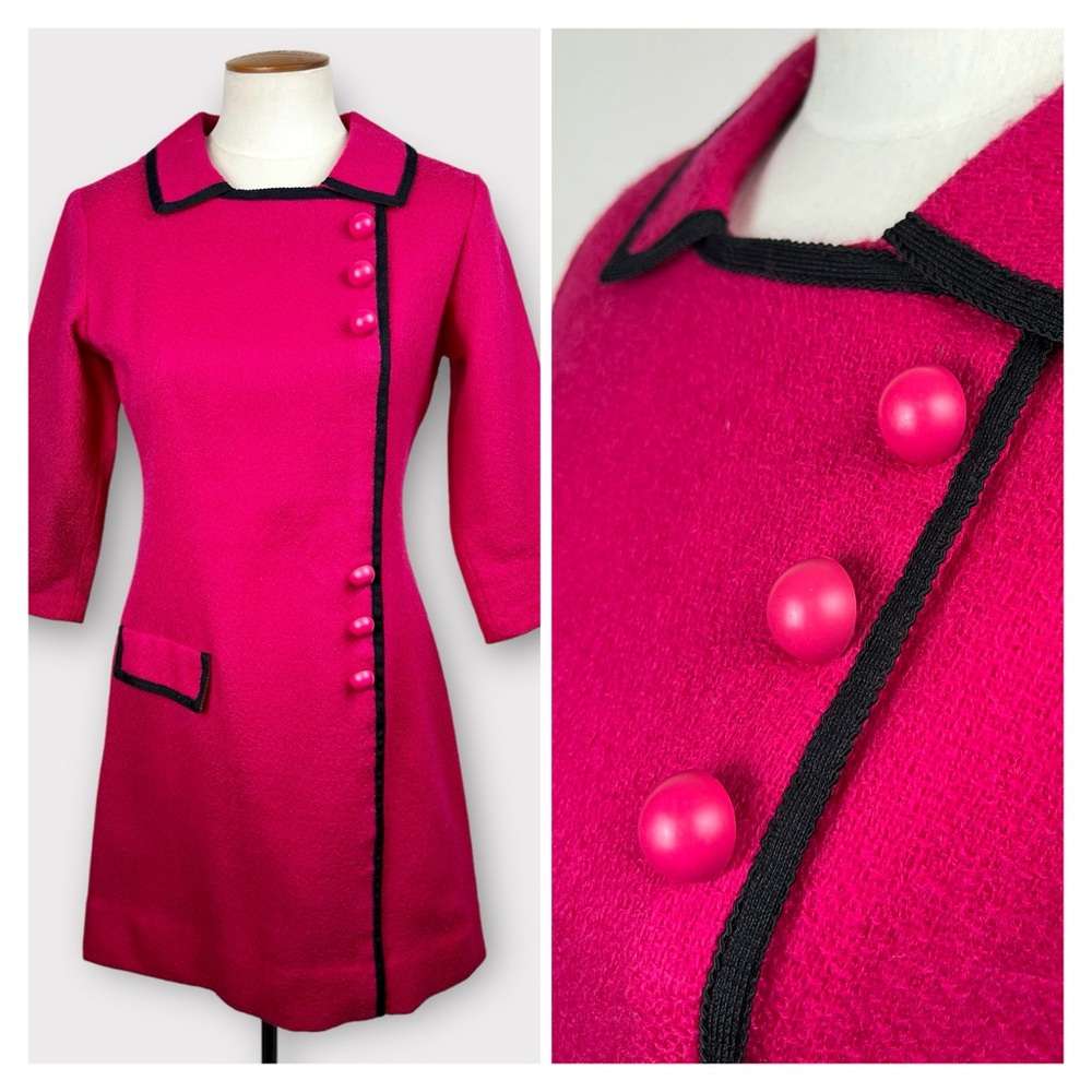 Vintage 60s Parkshire Original Hot Pink Mod Dress Black Trim Small